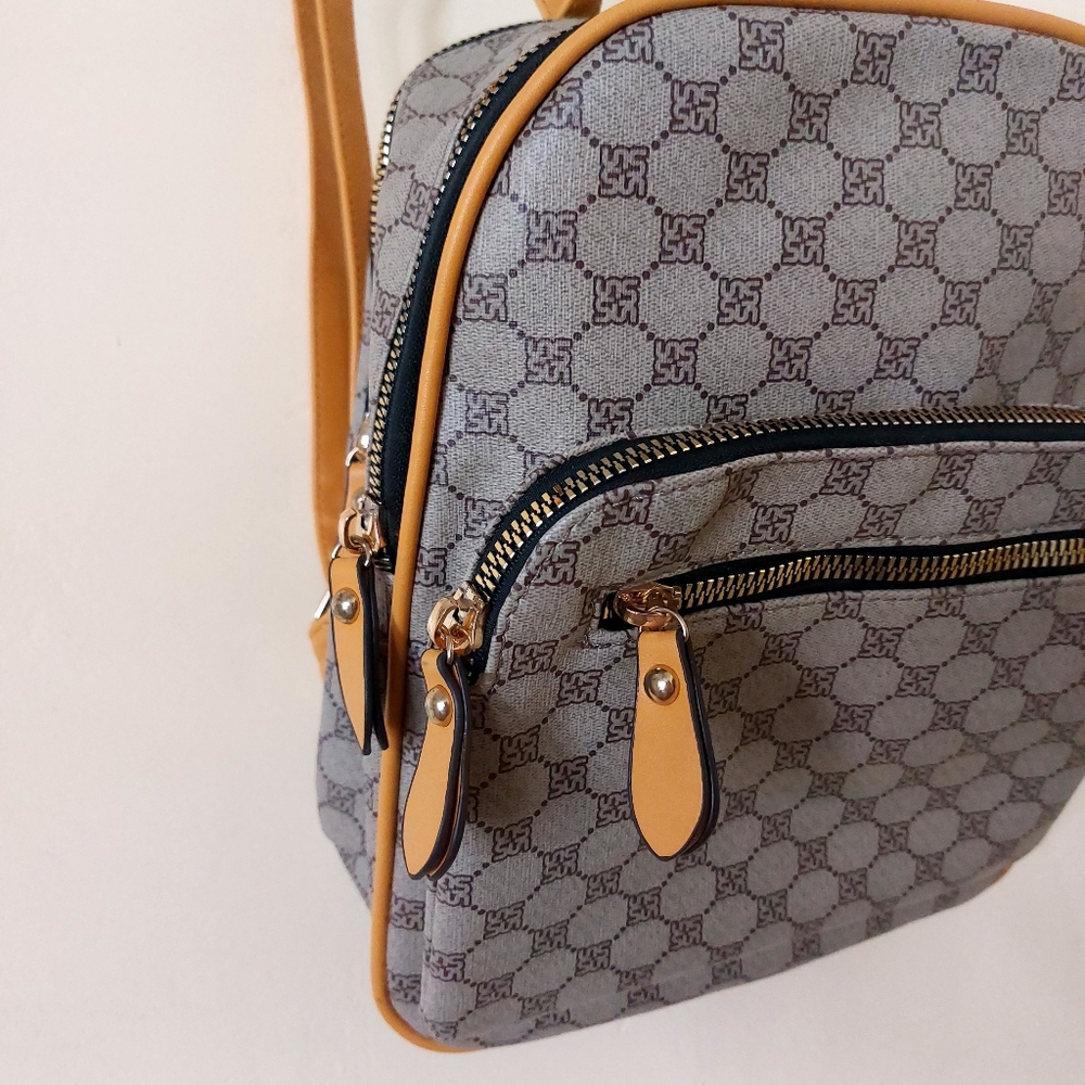 Yellow & Tan Small Faux Leather Vegan Friendly Fashion Backpack Purse w/ Print - Picture 3 of 12